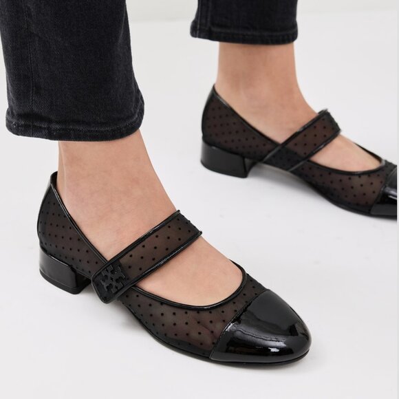 Tory Burch Cap-Toe Mary Jane Black Mesh & Leather Ballet Flats Size: 7.5 - Picture 1 of 16